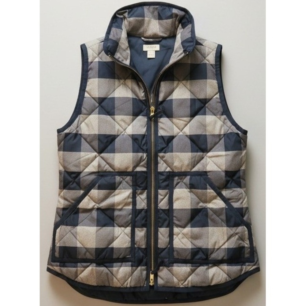 J.Crew Women's XXS Blue Plaid Quilted Puffer Vest Zip Front Preppy